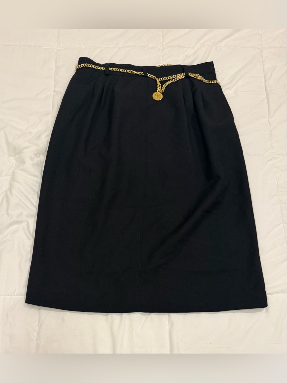 Vintage Leslie Fay Wool Midi Skirt with Gold Chain Belt Detail Size 16